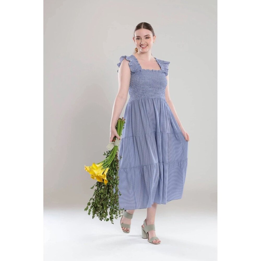 London Times NEW Women's Gingham Smocked Top Midi Dress Blue Size Medium